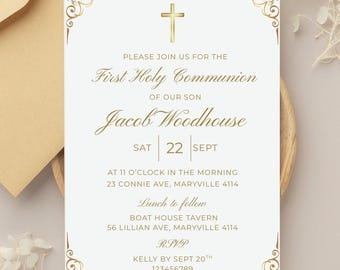 May include: A white invitation card with gold text and decorative corner designs. The card announces a First Holy Communion for Jacob Woodhouse on September 22nd. Includes RSVP details and location information.
