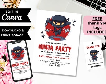 Op de afbeelding: Printbare ninja-partyuitnodiging met een cartoon-ninja-illustratie. De uitnodiging bevat de tekst "You're invited to a Ninja Party, Benjamin is turning 10, Saturday 12th August, 11am-2pm, 23 Halven St. Maryville Estate 2342, RSVP Kelly by Aug 10th, 0423 156 251". De uitnodiging bevat ook een gratis bedankkaartje met een cartoon-ninja-illustratie en de tekst "Thank You, For kickin' it with me! Benjamin".