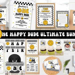 One Happy Dude Birthday Bundle, Smiley Face 1st Birthday Invitation, One Happy Dude Boy Birthday Package, Editable, Printable Party Bundle