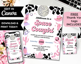 Space Cowgirl Disco Birthday Invite, Pink Cosmic Nashville Evite, Retro Alien Cowgirl Invitation, Text Message, Cowgirl Birthday Invitation