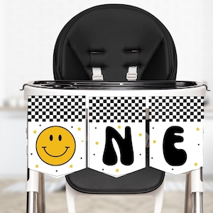 One Happy Dude Highchair Banner Printable First Birthday Smiley Face Party Decor Canva Template DIY Celebration Sign