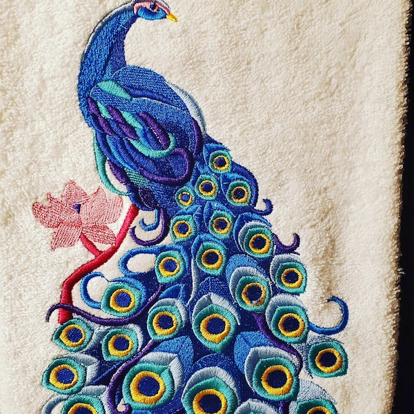 Handtowel embroidered with hungarian peacock design