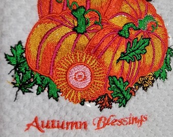 embroidered Dishtowel with autumn and pumpkin design