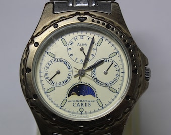 SEIKO ALBA CARIB V33F-6B20 Sun Moon Analog Vintage Watch
