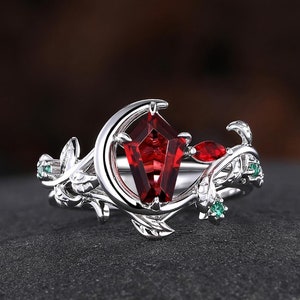 Unique Bullet Shape Garnet Ring Set Sterling Silver Moon Engagement Ring Leaf Emerald Dainty Wedding Ring Garnet Ring Set for Women