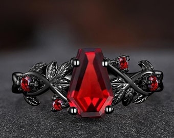 Gothic Garnet Ring Unique Coffin Shaped Garnet Leaf Inspired Ring Birthstone Engagement Rings Personalized Gifts Promise Ring For Women