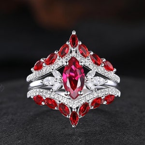 Exquisite ruby ring set, bridal wedding three piece ring set, marquise cut ruby weeding band, moissanite ring for her anniversary gift