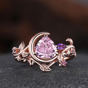 Pink Moissanite Ring Set Moon Heart Gemstone Rings for Women 14K Rose Gold Moissanite Engagement Ring, Handmade Gift, Christmas Gifts