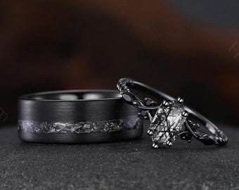 Black Rutilated Quartz Engagement Ring 2PC Couple Ring Set Hexagon Black Quartz Women&#39;s Ring Mens Tungsten Ring his and hers weeding ring