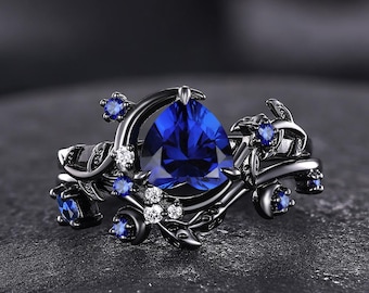 Unique Crescent Moon Sapphire Wedding Ring Set Heart Sapphire Promise Ring Nature-Inspired Bridal Set Vine Leaf Twig Ring Sapphire Mens Ring