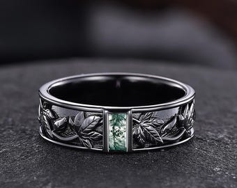 Gothic moss agate mens wedding band leaves design engagement ring maple leaf engraved male ring sterling silver wedding ring gift for him