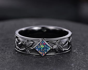 Anillo de boda para hombre con ópalo negro de princesa gótica, anillo de compromiso con ópalo de fuego, anillo de boda con hoja de arce en oro negro, anillos de promesa para hombre.