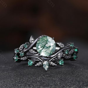 Vintage Round cut Moss Agate engagement ring set black gold art deco cluster leaf Emerald bridal wedding ring set gifts for woman