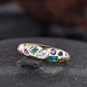 Colorful Gemstone Wedding Band Rainbow Birthstone Band Ring Moissanite, Moss Agate Statement Ring Mens Engagement Ring Handmade Jewelry Gift