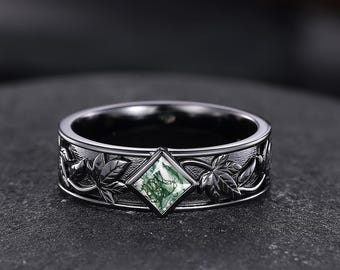 Gothic Princess Moss Agate Mens Wedding Band Green Gemstone Engagement Ring Sterling Silver Maple Leaf Wedding Ring Promise Rings for Men