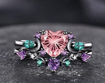 Vintage Heart Pink Sapphire Engagement Ring Set Black Gold Star and Moon Wedding Rings for Women Custom  Multi Gemstone Promise Rings