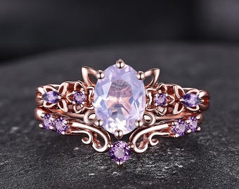 Lavender Amethyst Engagement Ring Rose Gold Amethyst Bridal Set Oval Birthstone Butterfly Design Promise Ring Anniversary Gift for Women