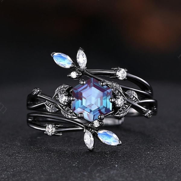 Vintage Hexagon Alexandrite Engagement Ring Set, Unique Leaf Style Moonstone Wedding Ring, Black Gold Rings for Women, Gemstone Promise Ring