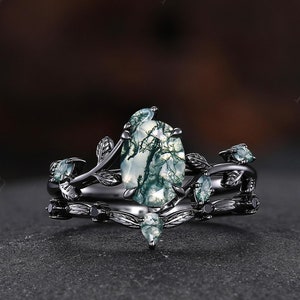 Vintage oval moss agate engagement ring set black gold art deco cluster leaf moss agate bridal wedding ring set anniversary promise ring
