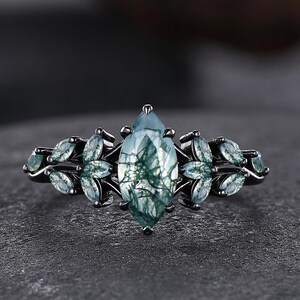 Unique Marquise Moss Agate Nature Wedding Ring Bridal Sets Leaf Ring Green Gemstone Cluster Ring Statement Ring Engagement Rings for Women