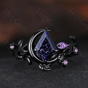 Gothic Kite Cut Blue Sandstone Engagement Ring Witchy Crescent Moon Ring Galaxy Sandstone Wedding Ring Set Nature inspired Jewelry for Women