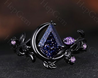 Gothic Kite Cut Blue Sandstone Engagement Ring Witchy Crescent Moon Ring Galaxy Sandstone Wedding Ring Set Nature inspired Jewelry for Women