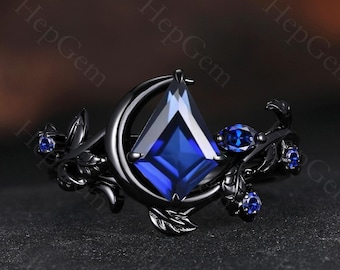 Gothic Moon Blue Sapphire Ring Black Gold Crescent Moon Ring Celestial Jewelry Nature Leaf Engagement Ring Set September Birthstone Rings