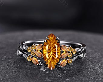 Marquise Fireworks Cut Citrine Engagement Ring Set Black Gold November Birthstone Wedding Ring Filigree Bridal Set Nature Leaf Promise Ring