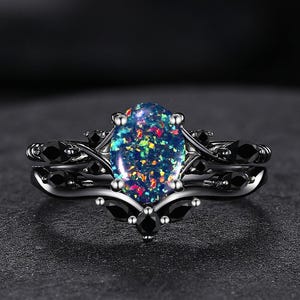 Vintage Black Opal Ring Set Fire Opal Ring 14K Black Gold Black Onyx Promise Ring Oval Opal Engagement Ring October Birthstone Wedding Ring