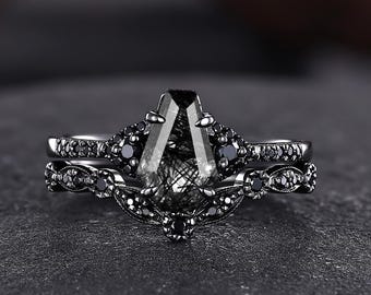 Vintage Black Rutilated Quartz Engagement Ring Set Coffin Cut Gems Wedding Ring Women Promise Rings Handmade Jewelry