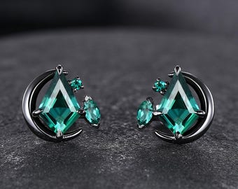 Emerald Crescent Moon Earrings Black Gold Emerald Stud Earrings Statement Earrings Handmade Jewelry for Women Dainty Earrings Gift For Women