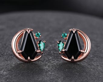 女性のためのユニークなブラックオニキススタッドピアス。14Kローズ