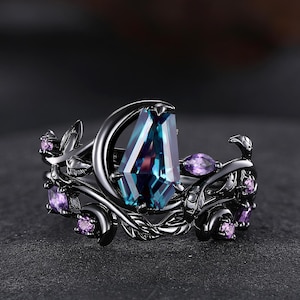 Coffin-Shaped Alexandrite Moon Engagement Ring Set 14K Black Gold Leaf Cluster Wedding Ring Amethyst Wedding Band Anniversary Gifts for Her