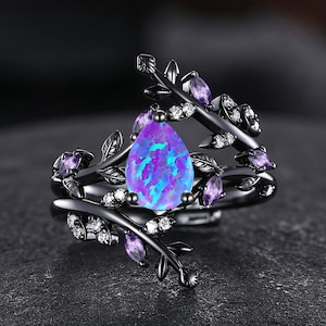 Pear shaped Purple Opal Engagement Ring Set Nature Inspired Cluster Lavender Opal Promise Ring Leaf Wedding Ring for Women Anniversary Gifts