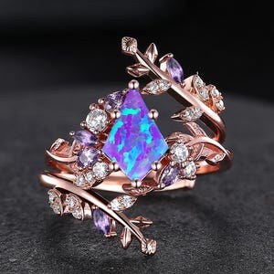 Vintage Rose Gold Lavender Opal Leaf Cluster Engagement Ring Set Nature Inspired Branch Rings for Women Purple Opal Bridal Ring Set Gifts