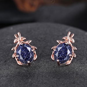 Delicate Blue Sandstone Earrings Vintage Twig Leaf Branch Earrings Rose Gold Statement Earrings Anniversary Gift Galaxy Jewelry for Her