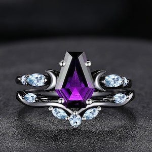 Gothic Amethyst Engagement Ring Set Black Gold Amethyst& Aquamarine Wedding Rings Unique Crescent Moon Promise Ring for Her Anniversary Gift