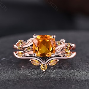 Cushion-Cut Citrine Wedding Ring Leaf Design Ring Set 14K Gold Engagement Ring November Birthstone Ring Stacking Rings Bridal Ring Set