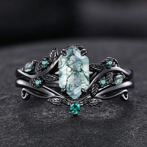 Gothic Black Gold Art Deco Hexagon Moss Agate Engagement Ring Set Bridal Sets Leaf Ring Promise Ring Nature Inspired Gemstone Cluster Ring