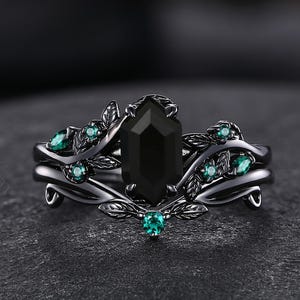 Hexagon Black Onyx Engagement Ring Set Black Gold Ring Art Deco Leaf Design Emerald Wedding Ring Nature Inspired Ring Bridal Promise Rings