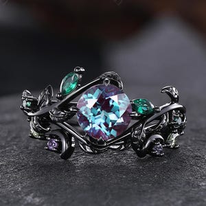 Alexandrite Engagement Rings Nature Inspired Branch Leaf Ring Gothic Black Gold Wedding Band Moon Ring Alexandrite Wedding Ring for Women