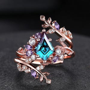 Vintage Rose Gold Alexandrite Leaf Cluster Engagement Ring Set Nature Inspired Branch Rings for Women Amethyst Bridal Ring Set Gift for Her