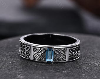 London Topaz Men Wedding Band Black Gold Nature Inspired Leaf Design Wedding Ring Handmake Jewelry Promise Rings For Mens