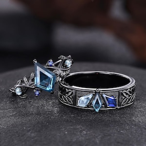 Gothic Black Gold Couple Rings Set, London Blue Topaz Matching Rings, Nature Twig Leaf Ring, His and Hers Ring Set, Blue Gemstone Jewelry