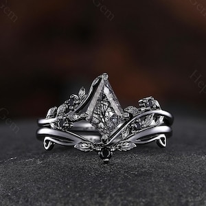 Kite Black Rutilated Quartz Engagement Ring Set, Art Deco Leaf Branch Design Wedding Ring, Gothic Black Gold Promise Ring, Gifts for Women