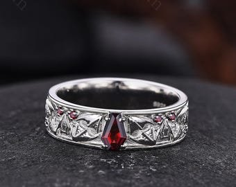 Bat Design Men's Ring Coffin Garnet Wedding Ring Sterling Silver Mens Wedding Band Witchy Engagement Ring Gift For Him