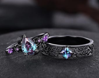 Alexandrite Engagement Ring Set Alexandrite Couple Rings Gothic Black Wedding Band Color Changing Gemstone Ring Flower and Leaf Design Rings