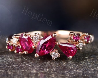 Vintage Rubin Cluster Stapel Ehering Silber Roségold Ring, natürliche inspirierte Moissanite Jahrestag Ring, Birthstone Ring Geschenk für sie