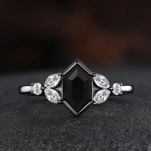 Black Onyx Engagement Ring Vintage Hexagon Bridal Promise Ring Black Stone Wedding Anniversary Ring Moissanite Ring Personalized Gifts