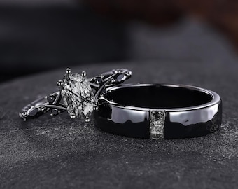 Anéis de casal de quartzo rutilado preto, anel de noivado preto, anéis para ele e para ela, anéis góticos para casais, anel de compromisso para mulheres, presentes personalizados